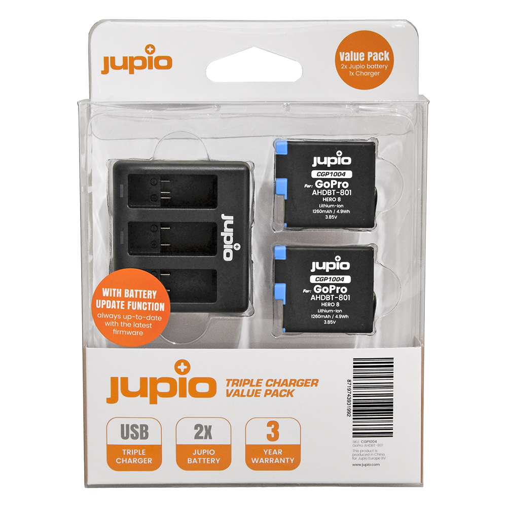 Jupio Value Pack GoPro HERO8, 1260mAh 2db akciókamera akkumulátor + USB tripla töltő