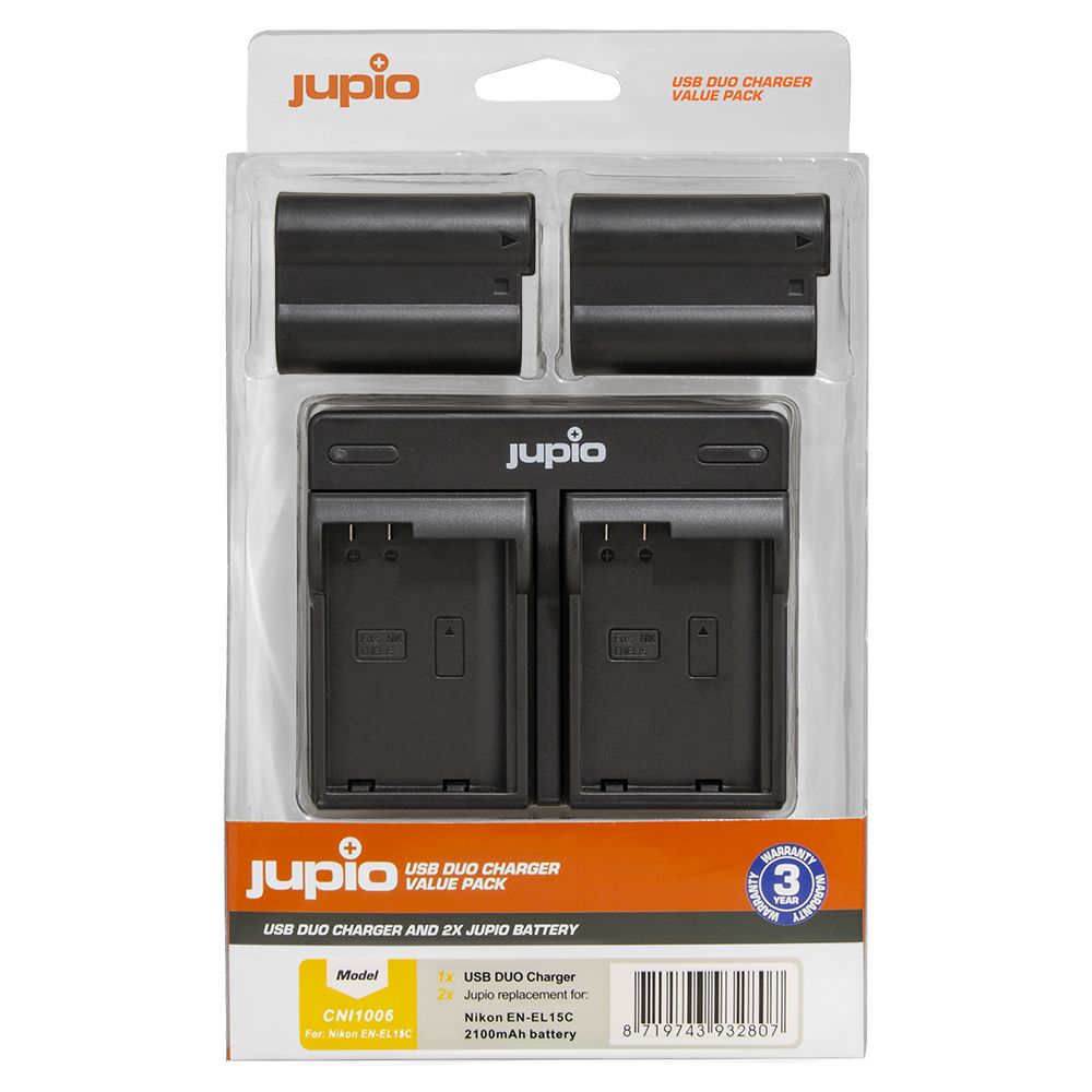 Jupio Value Pack 2x Nikon EN-EL15C 2100mAh-ás fényképezőgép akkumulátor + USB dual töltő (Nikon Z8 kompatibilis)