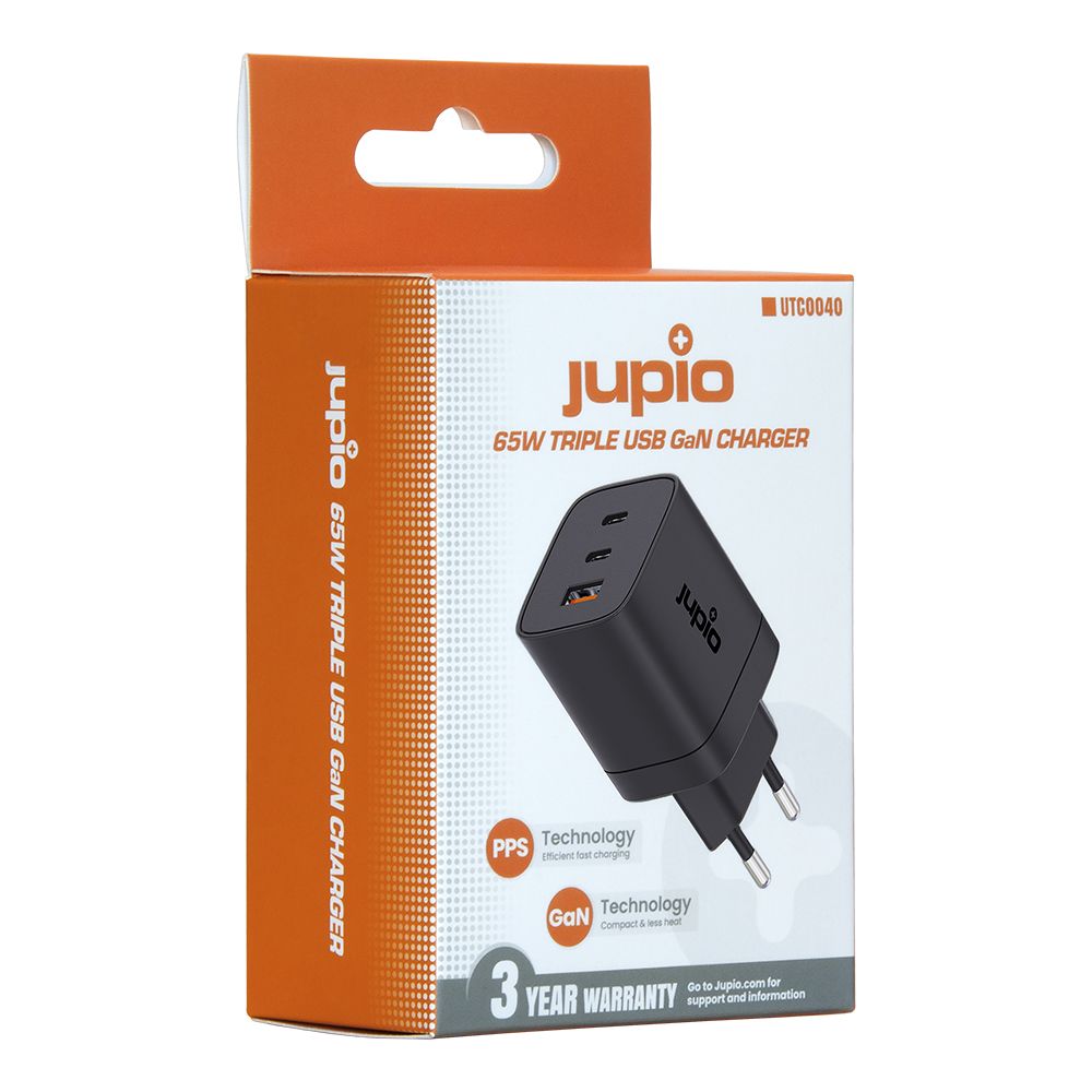 Jupio háromportos GaN töltő 65W (2× USB‑C + 1× USB‑A)