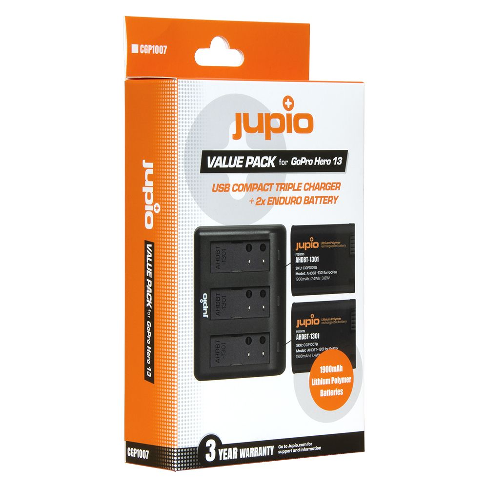 Jupio Value Pack: 2x Enduro GoPro HERO13 akkumulátor (1900mAh) + Kompakt USB hármas töltő Jupio Value Pack: 2x Enduro GoPro HERO13 akkumulátor (1900mAh) + Kompakt USB hármas töltő